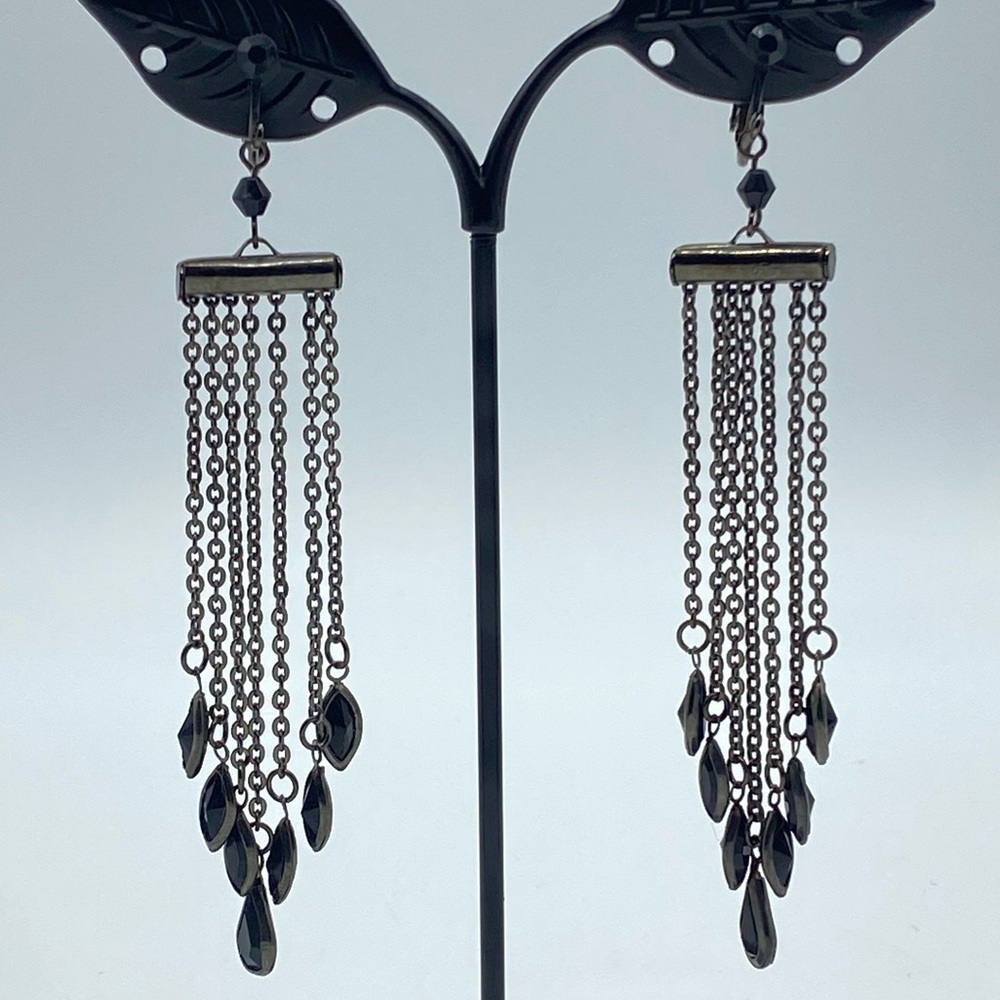 Gunmetal Black Crystal Earrings Chandelier Dangle Drop Clip On Non Pierced Goth
